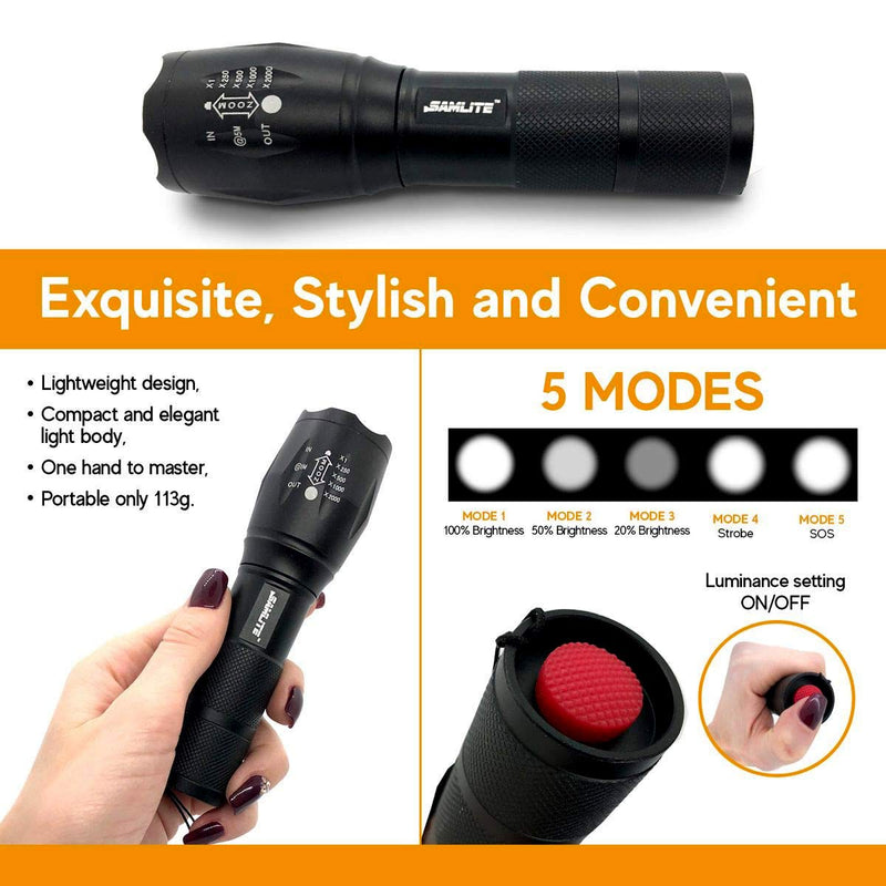 LED Flashlight High Powered – 1200 Lumens Bright Zoomable Spotlight or Floodlight - 5 Modes - Ultra Light, Pocket Size, Waterproof, Military Grade Tactical - Camping, Travel, Emergencies - SAMLITE - NewNest Australia