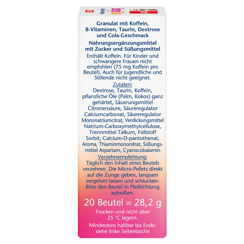 Doppelherz Energy Plus Caffeine + Taurine + B Vitamins DIRECT - With vitamin B1, B5 (pantothenic acid) and B12 as a contribution to energy metabolism - 20 sachets - NewNest Australia