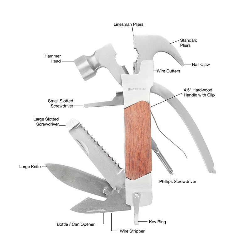 Sheffield 12913 Premium 14-in-1 Hammer Multi Tool, Multipurpose Tool for the Home, Camping Equipment, and Work, Hammer, Pliers, Survival Knife, & More - NewNest Australia