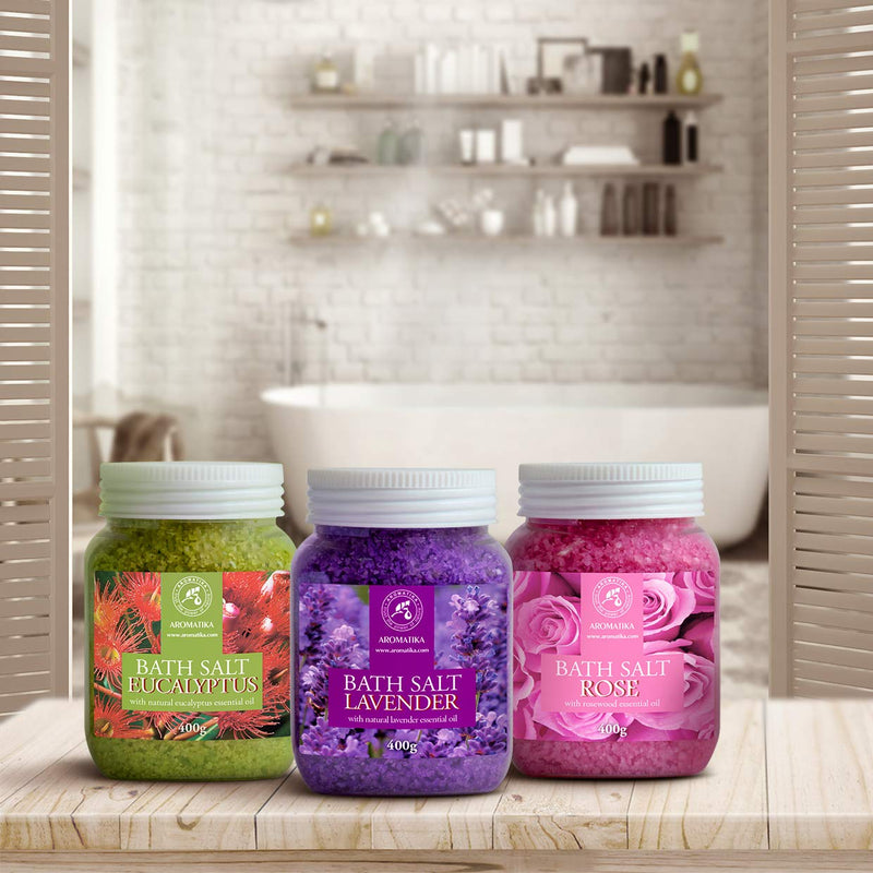 Bath Salts Set 3x400g - Lavender - Rose - Eucalyptus - 100% Natural Essential Oil - Best for Good Sleep - Stress Relief - Bathing - Body Care - Wellness - Beauty - Relaxation - Spa - NewNest Australia