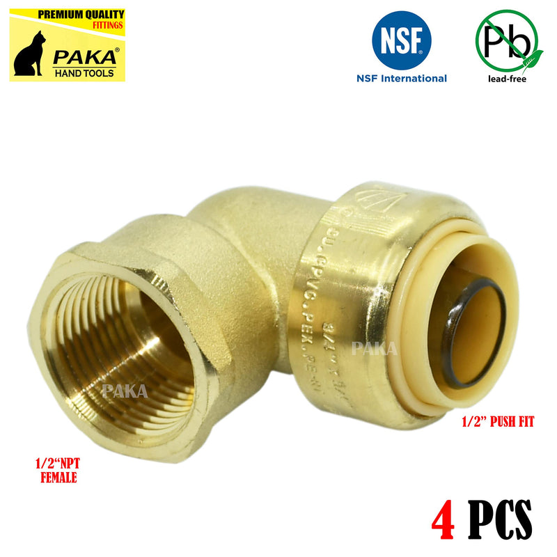 (Pack of 4) PUSH FIT 1/2" x1/2" FNPT Female Threaded Elbow Fittings Push to Connect Pex, CPVC, 1/2 Inch With A Disconnect Clip, Lead Free Brass 4 Pieces - NewNest Australia