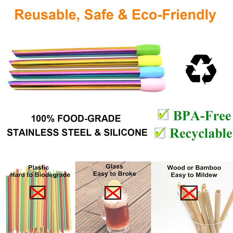 NewNest Australia - Reusable Boba Smoothie Straw Rainbow Metal Straws Wide Thick Fat Angled Tip Sharp End Milkshake Jumbo Bubble Tea Straws With Carry Case Bag Silicone Tips Cleaning Brush 12mm 0.5in 4 Pack 0.5" x 8.5"-Colorful-4 Pcs 