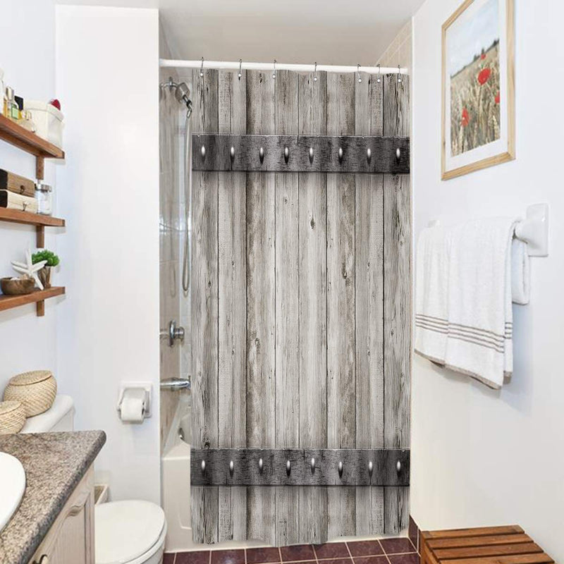 Riyidecor Stall Barn Door Shower Curtain 36Wx72H Small Rustic Farmhouse Wooden Metal Texture Bathroom Decor Fabric Polyester Waterproof with 7 Pack Plastic Shower Hooks - NewNest Australia