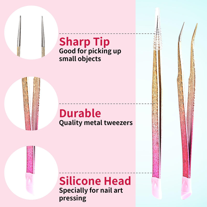 Ouligay 2 X Double Ended Nail Art Tweezers For Women Stainless Steel Tweezers Straight Curved Tip Tweezers With Silicone Pressing Head For Nail Craft Rhinestone Sticker Jewel Gemstone Picker Tool - NewNest Australia