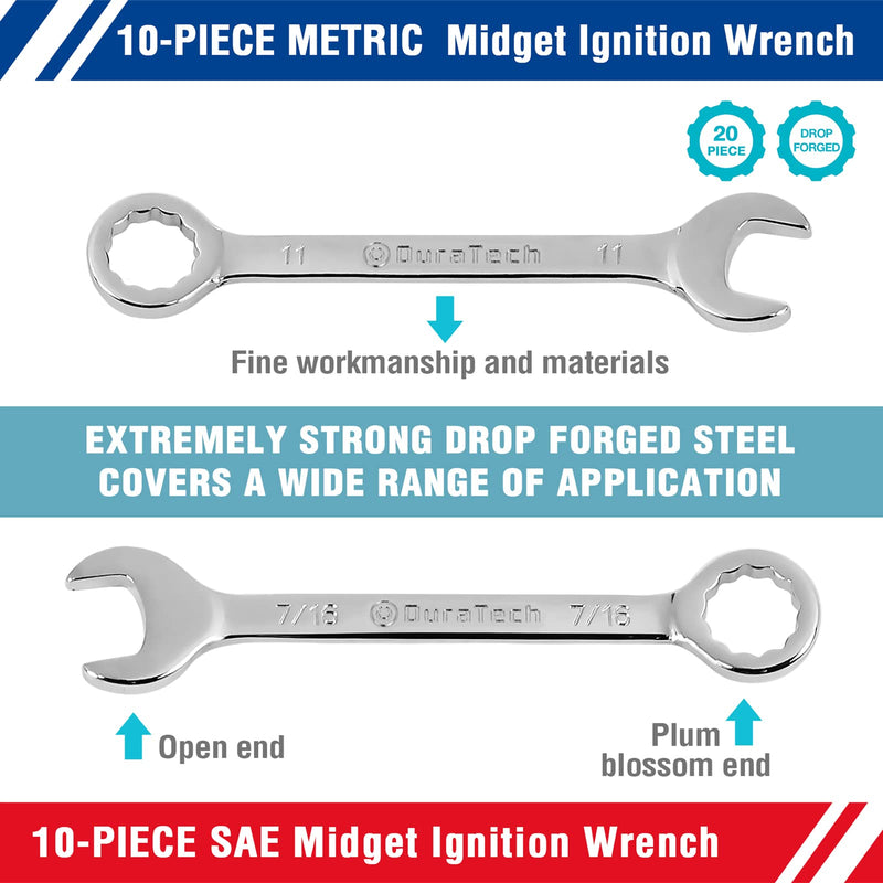 DURATECH Midget Wrench Set, Mini Combination Wrench Set, Metric & SAE, 20-Piece, 4-11mm & 5/32'' to 7/16'', Lightweight, with Rolling Pouch - NewNest Australia
