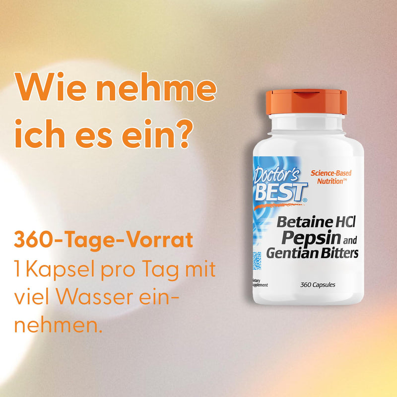 Doctor's Best, Betaine HCl (Betaine Hydrochloride) with pepsin and bitter substances from gentian, 650mg, 360 soft capsules, high dosage, laboratory tested, soy-free, gluten-free, without genetic engineering 360 pieces (pack of 1) 331.38 - NewNest Australia