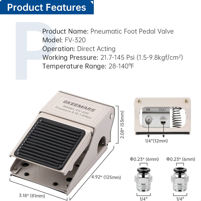 GKEEMARS Pneumatic Foot Pedal Valve FV-320 1/4” NPT Threaded Rubber Nonslip Pressure Control Foot Operated Pedal 2 Position 3 Way - NewNest Australia