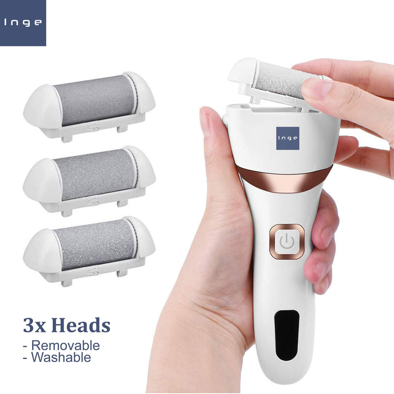 Inge Electric Foot File & Hard Skin Remover | Callus Remover for Feet & Dry Dead Skin Remover and Exfoliator with 3 Replacement Washable Rollers | Rechargeable - Waterproof - White - NewNest Australia
