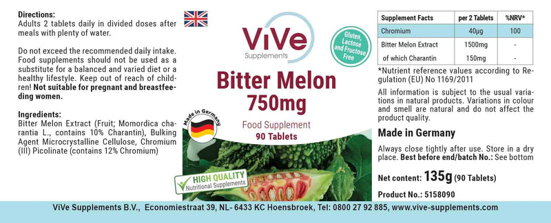 Bitter melon extract 750mg - 90 tablets + chromium picolinate - vegan - standardized to 10% charantin | Quality from Germany from ViVe Supplements - NewNest Australia