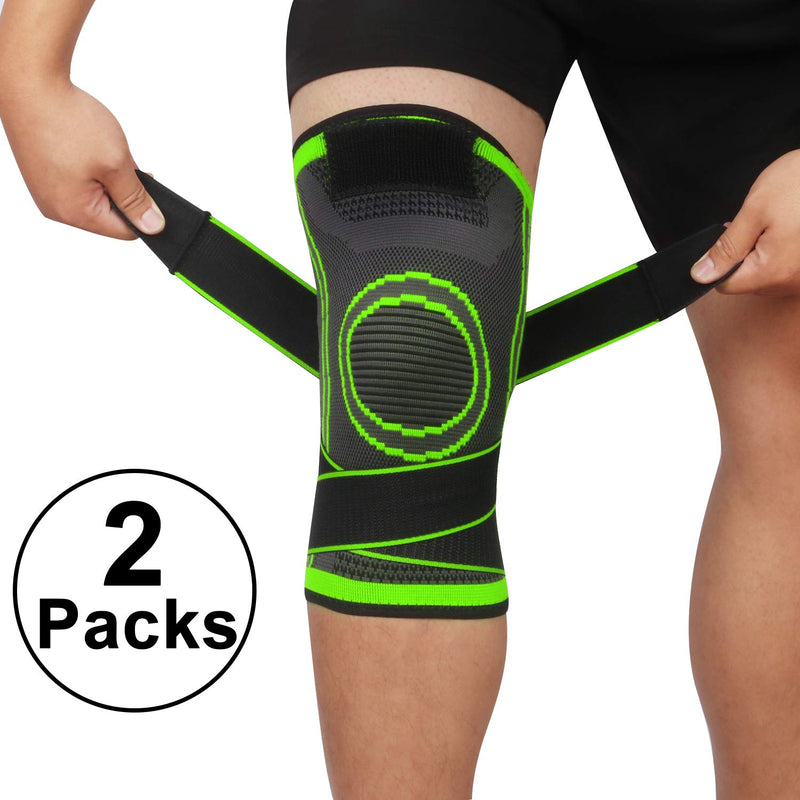 Knee Supports 2 Pack Knee Brace with Adjustable Strap Compression Knee Sleeves for Running Joint Pain Arthritis Meniscus Tear Cartilage Damage Tendonitis Quick Recovery Unisex (Green, Large) Green L - NewNest Australia