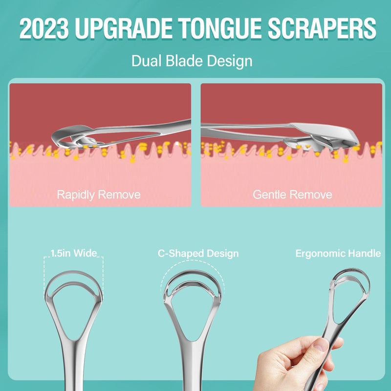 Ronavo Tongue Scraper, 2023 New Upgrade, With Double Scraper Head (Travel Case Included), Stainless Steel Tongue Cleaner, Bad Breath Away, Improves Oral Hygiene, Easy To Clean Silver - NewNest Australia