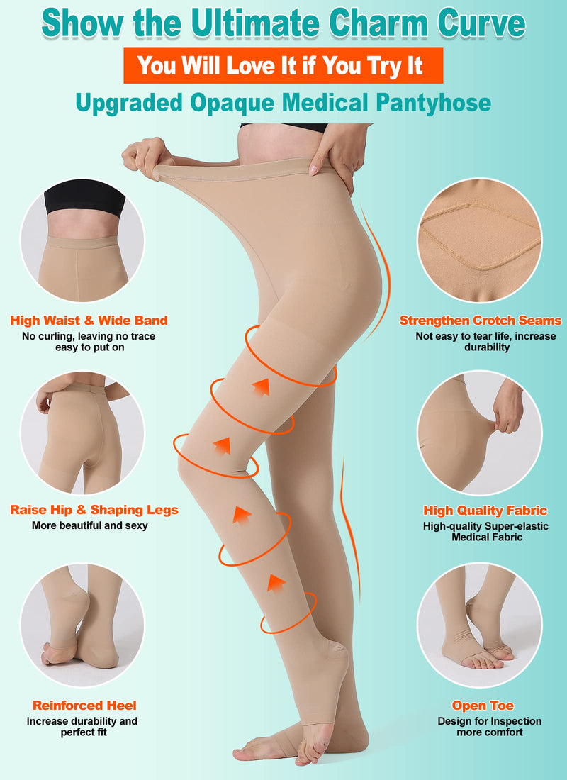 MGANG® Compression Pantyhose, Open Toe, Waist High Compression Stockings Opaque, 15-20 mmHg Pantyhose, Firm Support Hose for Unisex, Edema, Varicose Veins, Swelling, Nursing, Beige Small 15-20mmhg Beige Open-toe - NewNest Australia