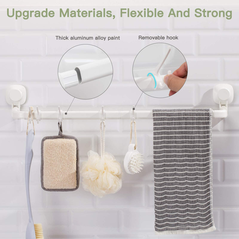 LUXEAR Suction Cup Towel Bar, 24 inches Adjustable Towel Rack, No Drill & Removable Hand Towel Holder with 5 Sliding Hooks, Wall Mounted Towel Hanger for Bathroom, Kitchen, Door - White - NewNest Australia