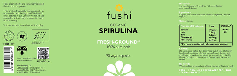 Fushi Organic Spirulina 500 mg, 90 Caps | Cold Processed | Vegan Protein source | Best for Iron, Protein, Vitamin B | Ethical & Vegan Society Approved | Manufactured in the UK - NewNest Australia