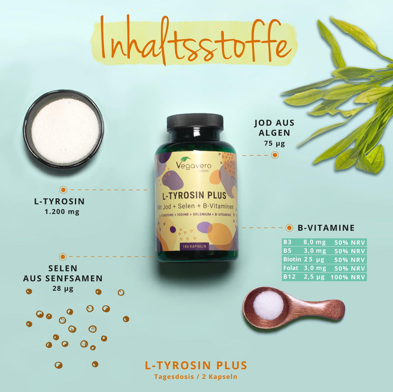 L-Tyrosine 180 capsules with iodine, selenium & B vitamins, vegan & without additives - NewNest Australia