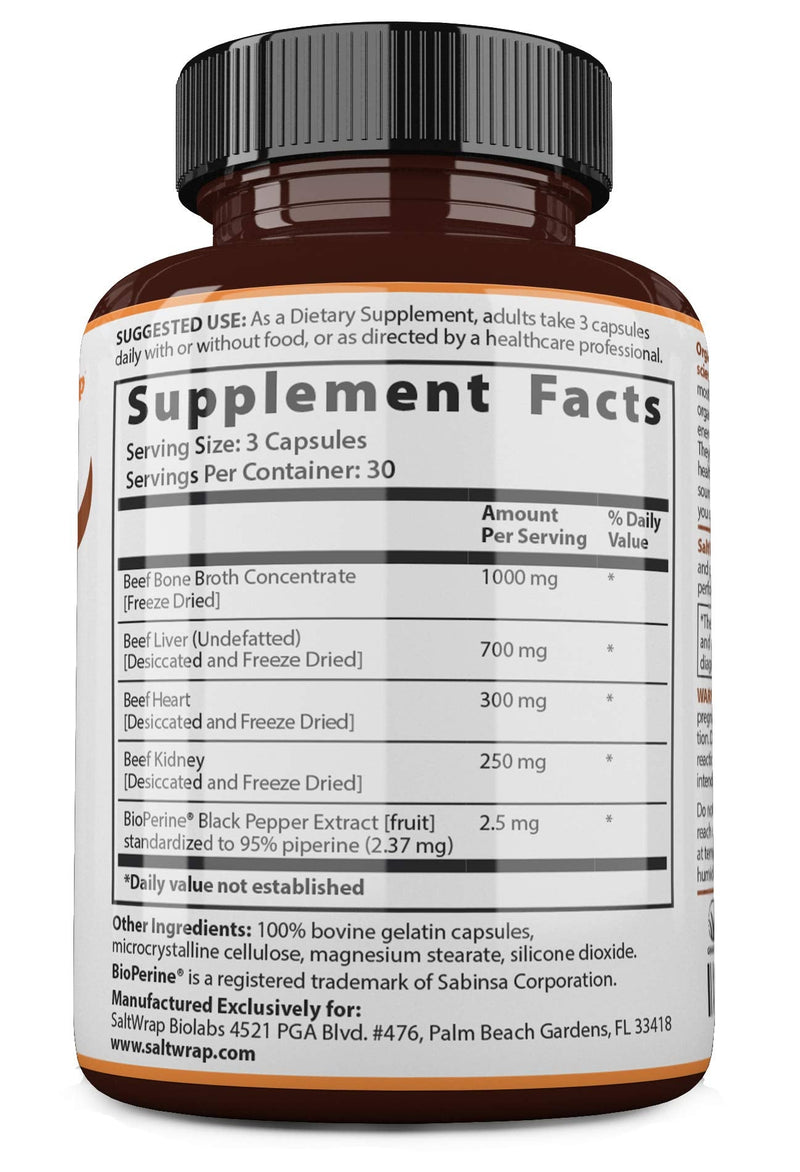 SaltWrap Organ Therapy - Grass Fed Beef Organ Meat Complex Supplement with Organic Bone Broth Concentrate (Beef Liver, Heart, Kidney and Bone Broth Capsules with BioPerine), Desiccated, 90 Capsules - NewNest Australia