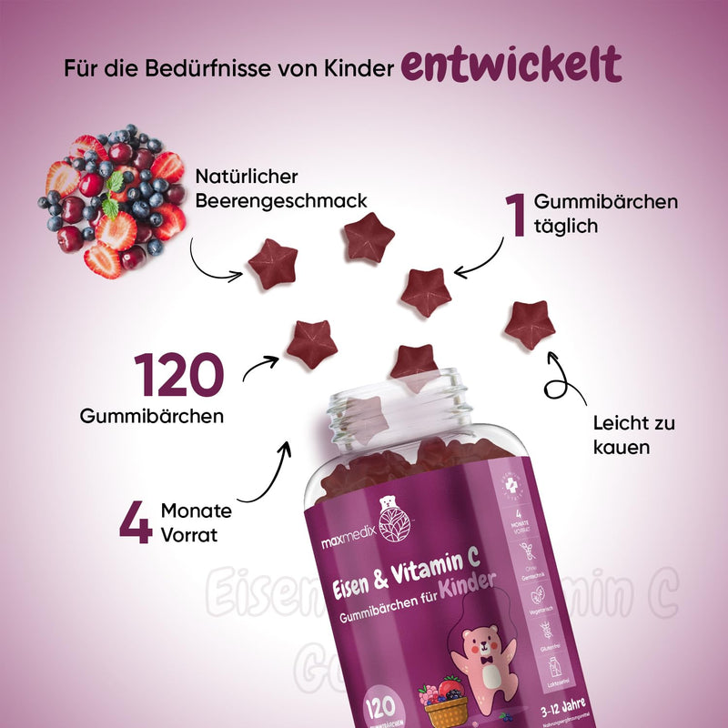 Iron & Vitamin C for Children - 7mg Iron - 4 Month Supply - Increase Iron Absorption with 10mg Vitamin C - Vegan Gummy Bears with Berry Flavor - Immune System, Bones, Teeth & Growth - maxmedix - NewNest Australia