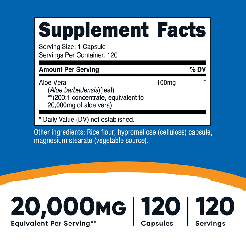Nutricost Aloe Vera 20,000mg, 120 Capsules - Gluten Free, Non-GMO, Vegetarian Friendly (100mg of 200:1 Extract) - NewNest Australia