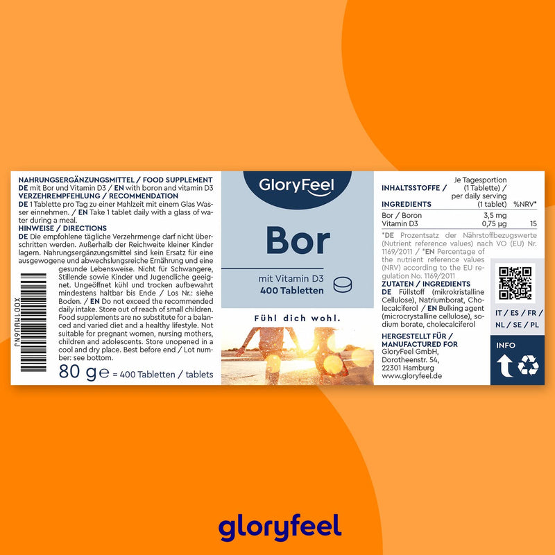 Pure boron - High dose with 3.5 mg boron - 400 tablets for over 1 year supply - High bioavailability thanks to vitamin D - 100% vegetarian & without unwanted additives - NewNest Australia