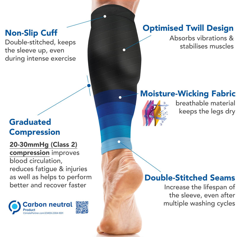 aZengear Calf Support Compression Sleeves (Pair) for Women, Men, Running | 20-30mmHg Class 2 Shin Splints Brace, Footless Leg Socks for Torn Muscle Pain Relief, Cramps (L-XL, Black w/Blue) L-XL - NewNest Australia