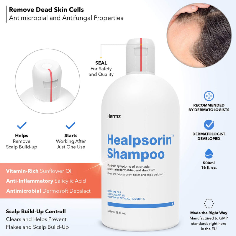 Therapeutic Psoriasis Shampoo (500ml) Salicylic Acid & Dermosoft® 1% - Treatment for Dry, Itchy & Flaky Scalp - Severe Dandruff, Dermatitis - Healpsorin - NewNest Australia
