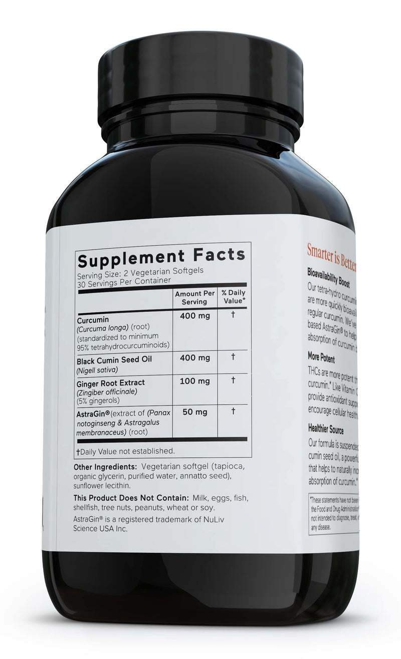 Smarter Nutrition Curcumin - Potency and Absorption in a SoftGel - The Most Active Form of Curcuminoid - 95% Tetra-Hydro Curcuminoids, 1 pack of 60 capsules - 30 Servings (Packaging May Vary) - NewNest Australia