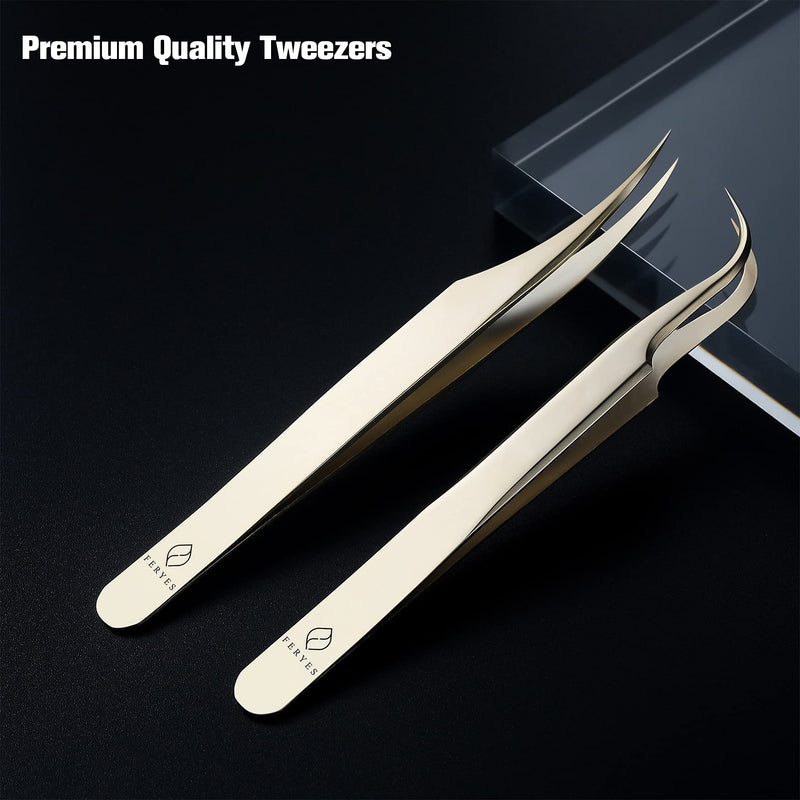 Feryes Eyelash Extension Eyelash Tweezers, Professional Dolphin And Boot Tweezers, Stainless Steel Eyelash Extension Set, Volume Precise Eyelash Tweezers With Tin Box, 2 Pieces, Gold Plated - NewNest Australia