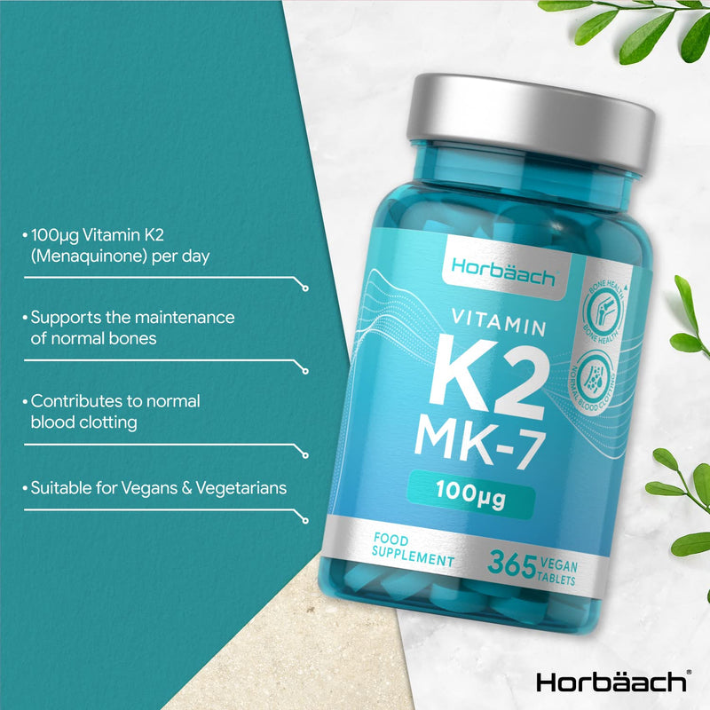 Vitamin K2 MK7 100mcg | 365 Vegan Tablets (not Capsules) | High Strength Menaquinone 200mcg Take 2 | Maintenance of Normal Bones | Non-GMO, Gluten Free Supplement | No Artificial Preservatives - NewNest Australia