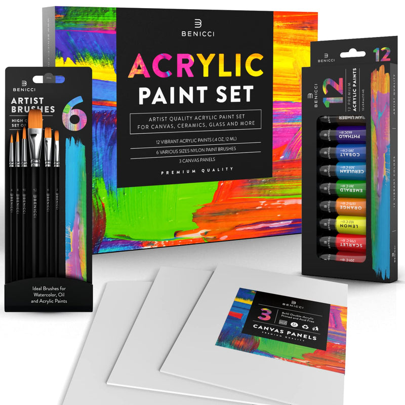 Acrylic Paint Set for Kids, Artists and Adults - 12 Vibrant Colors, 6 Brushes and 3 Paint Canvases - Perfect for Beginners or Professionals - NewNest Australia
