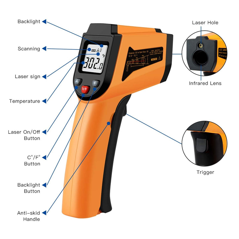 Laser Infrared Thermometer Non-Contact Digital Temperature Gun，-50°C to 400°C(-58°F to 752°F) IR Thermometer for Industrial,Kitchen Cooking,Ovens (Orange) - NewNest Australia