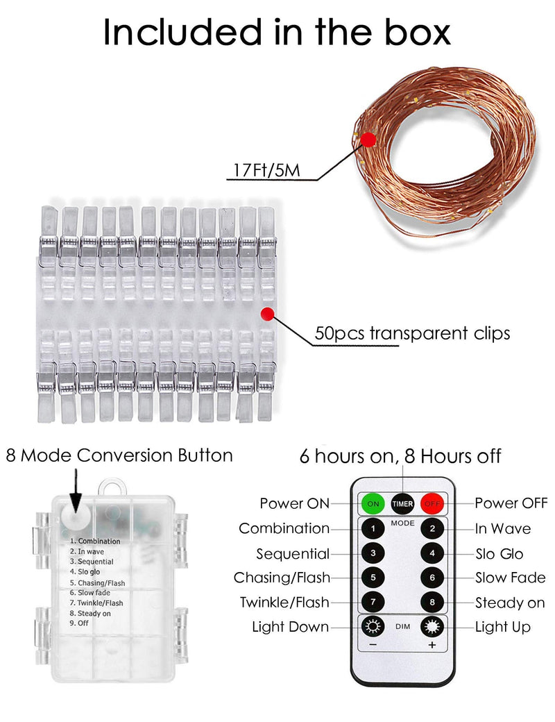 Photo Hanging Clips String, 50 LED Photo Clips String Lights 17ft Photo String Lights with Clips, 8 Modes Fairy Lights with Clips for Pictures, with Remote Function for Photos Pictures Cards Battery Powered - 50led Clips - NewNest Australia