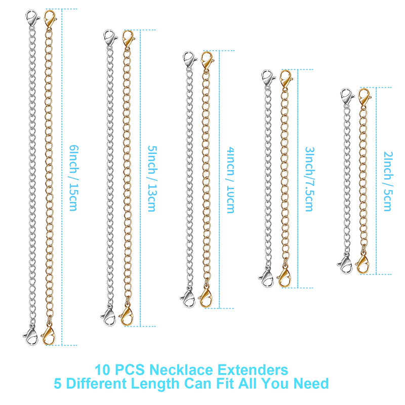 Necklace Extender, 10 PCS Chain Extenders for Necklaces, Premium Stainless Steel Jewelry Bracelet Anklet Necklace Extenders (5 Gold, 5 Silver), Length: 2" 3" 4" 5" 6", by UUBAAR Gold & Sliver - NewNest Australia
