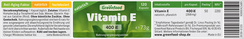 Greenfood - Vitamin E capsules - 400 iU - 120 softgel capsules - Supports the protection of cells from oxidative stress - Without artificial additives and genetic engineering - NewNest Australia