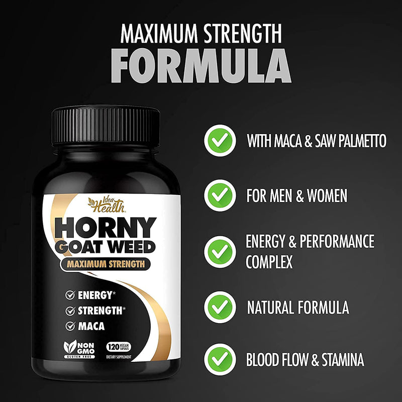 Horny Goat Weed 1275 mg MAX STRENGTH w/ Maca (2 Month Supply) - Energy & Performance Complex for Men and Women | 120 Vegan Capsules 120 Count (Pack of 1) - NewNest Australia
