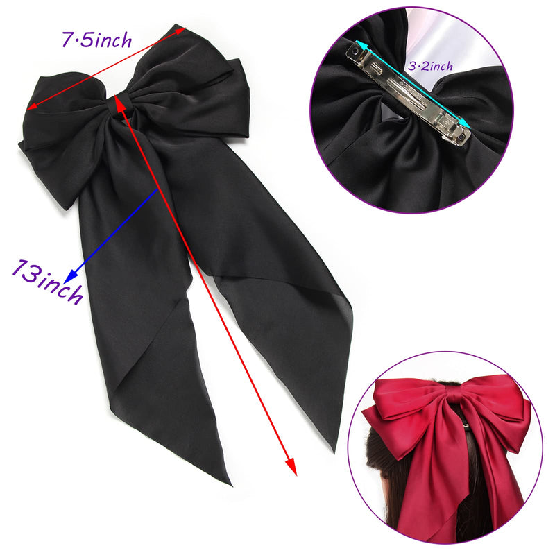 Bow Hair Clips Hair Slides Solid Color Bowknot Hairpin French Barrette with Long Silky Satin Tail Large Bows for Women Girls Hair Barrettes Scrunchies Accessories Pack of 2 (Black & White) - NewNest Australia