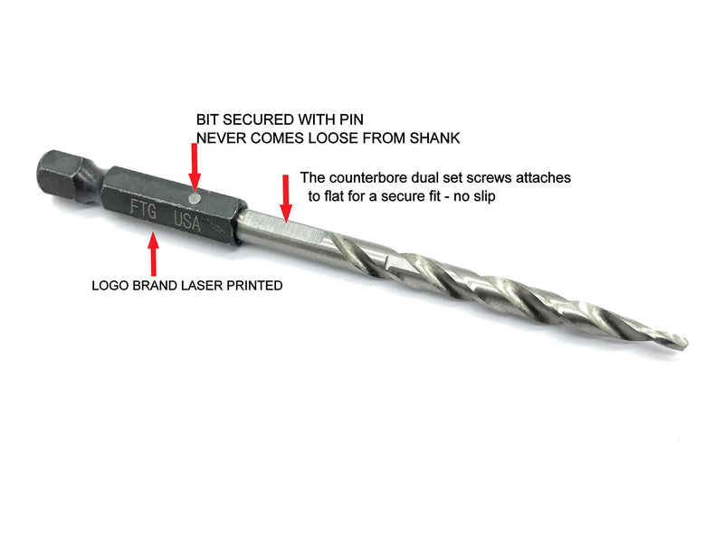 FTG USA Maximum Torque - Adjustable Wood Countersink Drill Bit Set #4, 6, 8, 10, 12 with Woodworking HSS Tapered Bits Secured with Pin and Hex Wrench (1/8" Allen Key) (Without Depth Stop Collar) without Depth Stop Collars - NewNest Australia