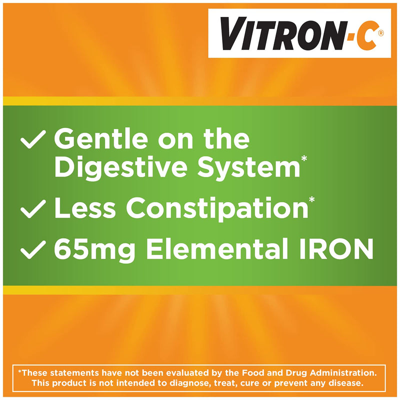Vitron-C High Potency Iron Supplement with 125 mg Vitamin C, Dye Free, Vegan, Gluten Free, 60 Count - NewNest Australia