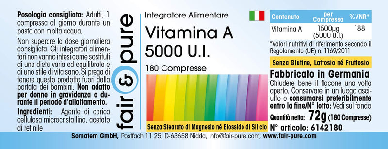 Fair & Pure® - Vitamin A 5000 IU (1500µg) - Retinyl Acetate - vegan - without magnesium stearate - 180 tablets - NewNest Australia