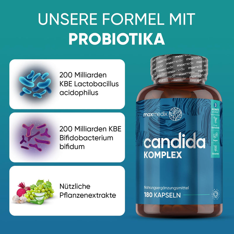 Candida Complex - 180 Vegan Capsules - Bifidobacteria Probiotics - With Caprylic Acid, Aloe Vera, Oregano, Zinc, Grape Fruit, Garlic, Rosemary, Glucosamine - 3 Month Supply - Immune System - Maxmedix - NewNest Australia