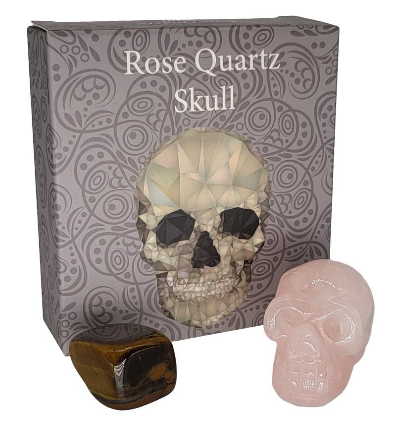 Rose Quartz Skull with *Extra* Chakra Crystal & Gift Box. Crystal 1½ Inch Skull with Tiger’s Eye, Turquoise, Amethyst, Lapis Lazuil, Clear Quartz or Other Crystal. Head Statue Ornament & Figurine. - NewNest Australia