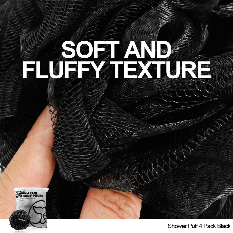 Shower Puff 4 Pack Black Bath Sponge Shower Loofahs Pouf Ball Nature Bamboo Charcoal Mesh Bulk Puffs Large, Shower Essential Skin Care by WhaleLife - NewNest Australia