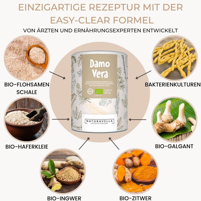 DamoVera® The organic intestinal treatment from the experts | Premium complex of organic fiber, organic spices and bacterial cultures I High dosage, vegan and laboratory tested, 250g - NewNest Australia