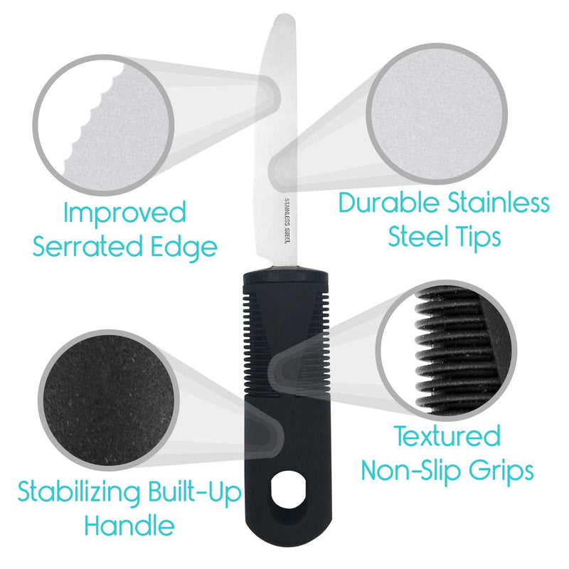 Vive Adaptive Utensil Set - Arthritis Aid Silverware for Parkinsons, Hand Tremors - Easy Grip for Shaking and Trembling Hands - Heavy Stainless Steel Spoon, Fork, Serrated Knife - Non Weighted Holder - NewNest Australia