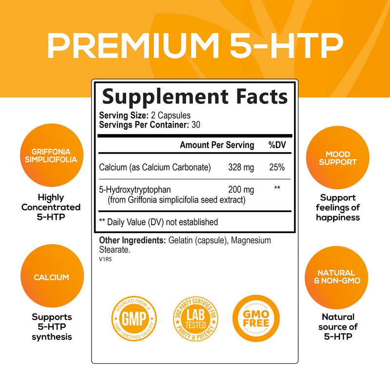 5-HTP 200mg Capsules - Extra Strength Support for Stress, Bottled in USA, Best 5-Hydroxytryptophan Supplement for Men and Women, Supports Mood - 60 Capsules 60 Count (Pack of 1) - NewNest Australia