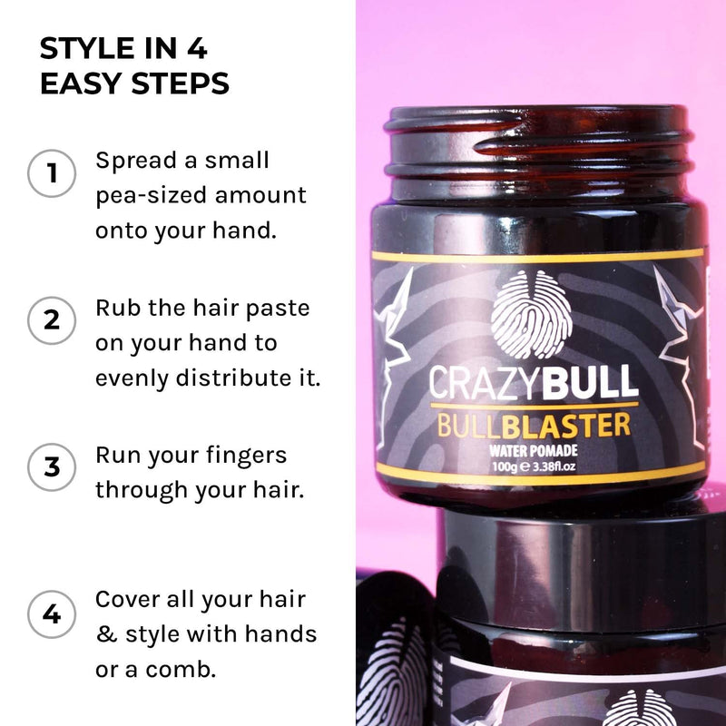Crazy Bull Pomade - Vegan & Water Based Strong Hold Hair Styler with High Shine Finish - Styling Product with Artificial Beeswax for Thickening, Volumising, & Defining Hair - Light Cologne Scent - NewNest Australia