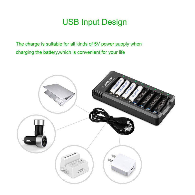 Rechargeable AA Batteries with Charger, POWEROWL 8 Pack of 2800mAh High Capacity Low Self Discharge Ni-MH Double A Batteries with Smart 8 Bay Battery Charger (USB Fast Charging, Independent Slot) - NewNest Australia