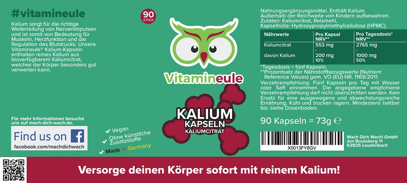 Potassium capsules - high dosage - 200mg elemental potassium - quality from Germany - pure potassium citrate without artificial additives - vegan - laboratory tested - small capsules instead of tablets - Vitamineule® - NewNest Australia