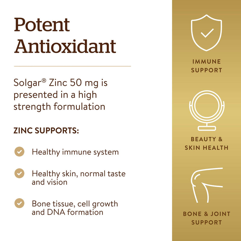 Solgar Zinc 50 mg, 100 Tablets - Zinc for Healthy Skin, Taste & Vision - Immune System & Antioxidant Support - Supports Cell Growth & DNA Formation - Non GMO, Vegan, Gluten Free - 100 Servings 100 Count (Pack of 1) - NewNest Australia