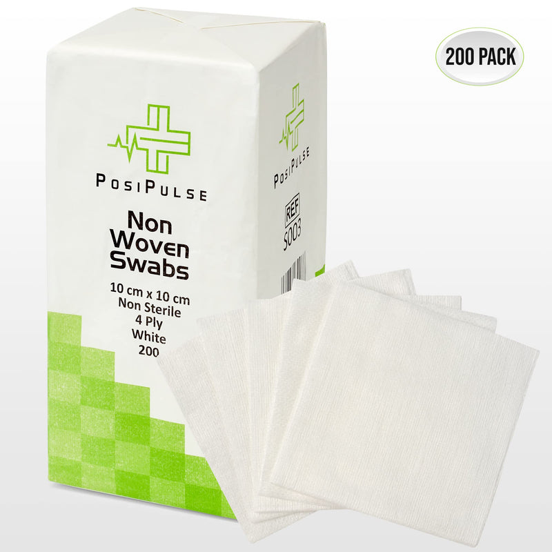 Posi Pulse 10cm x 10cm, 200ct Non-Sterile Gauze Swabs - 4 Ply Non-Woven Blend of Soft Strong Smooth Viscose/Polyester, 30g, Latex Free, CE Certified, White for Wound Dressing, Cleaning, Absorption - NewNest Australia