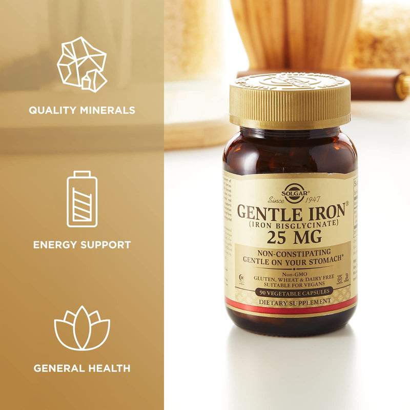 Solgar Gentle Iron 25mg, 90 Vegetable Capsules - Energy, Normal Red Blood Cell Production - Gentle on The Stomach - Non-GMO, Vegan, Gluten Free, Dairy Free, Kosher, Halal - 90 Servings , Unflavoured 90 Count - NewNest Australia